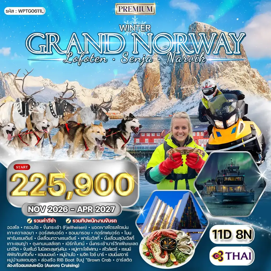 ทัวร์พรีเมี่ยมแกรนด์นอร์เวย์ Lofoten Senja Narvik 11 วัน (TG) NOV 26 - APR 27